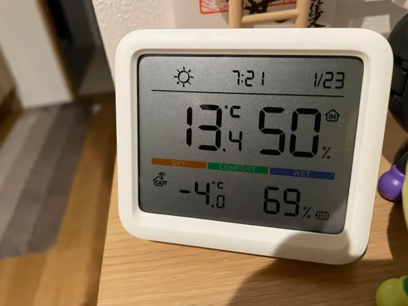 真冬の室内と室外の温度差